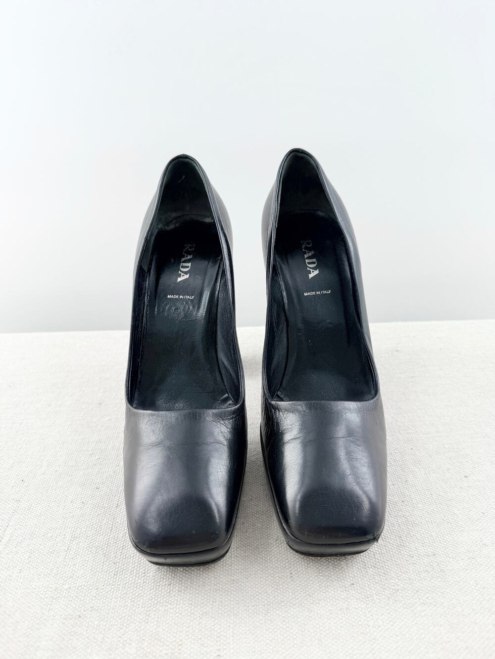 Prada Leather Slip On Slim Block Heel Square Toe Platform Pumps Black Women 37.5